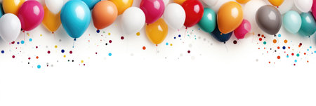 Holiday banner of colorful balloons on white background. Festive celebrate backdrop balloonsの素材