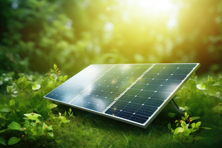 Portable solar panel in forest on nature green background. Eco alternative for green energy.の素材