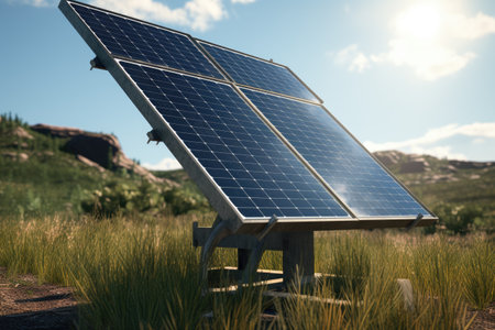 Mobile solar panel on nature background. Eco alternative for green energy.の素材