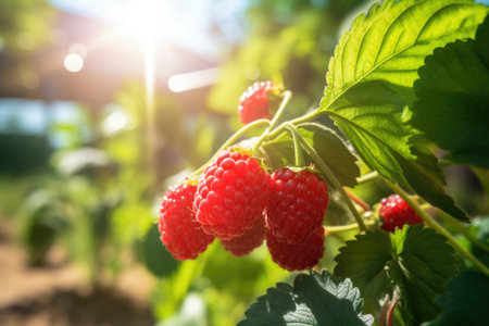 raspberry grow in the orchard garden in sunny day. Harvest farming conceptの素材