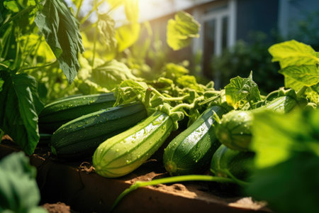 zucchini grow in the vegetable garden in sunny day. Harvest farming conceptの素材