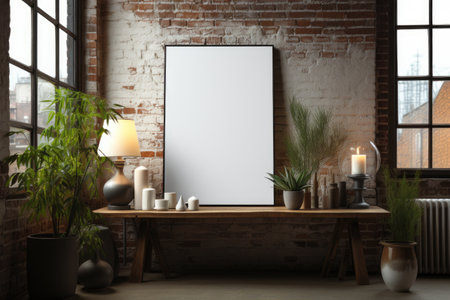 frame with blank poster mockup in room in modern loft style in gray colors with table and green plants.の素材