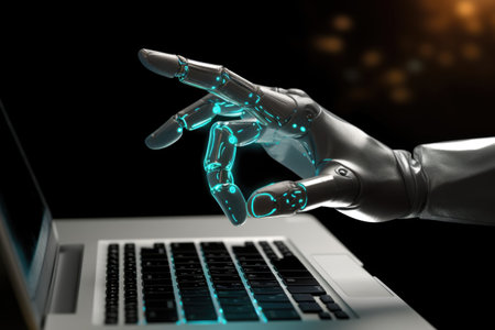hand of Futuristic robot press the button on keyboard. Conceptual technology design. Chatbot robotic artificial intelligence concept.の素材