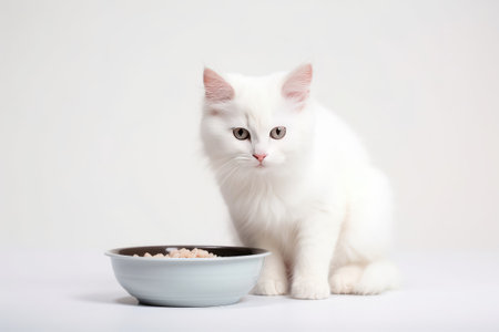 cat sitting with a heap bowl of cat food on white background. Generative AI contentの素材