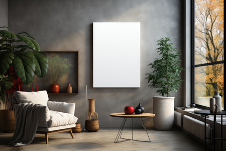 frame with poster mockup in room in modern Scandinavian style, eco concept with table, armchairs and plantsの素材