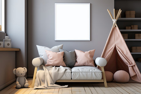 frame with poster mockup in Children's room in modern Scandinavian style, eco concept with toys and wigwam.の素材