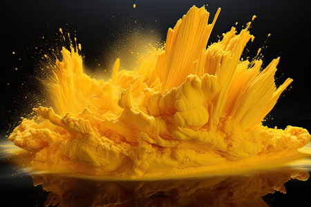Splash of yellow liquid on black background. realistic abstract textureの素材