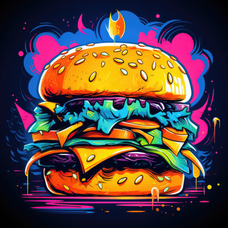Tasty burger. Illustration in neon color in style of 90s. Generative AI contentの素材