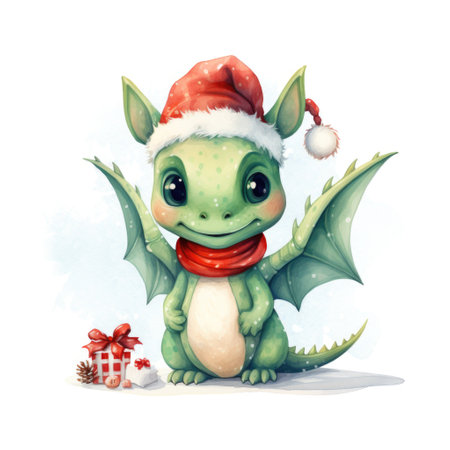 Fantasy watercolor christmas dragon with gift boxes on white background. Symbol of the year 2024. Generative AI contentの素材