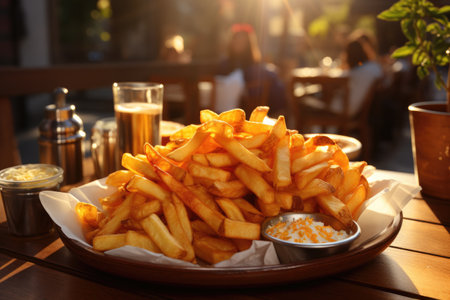 French fries in a special bowl on the street background. Street foodの素材