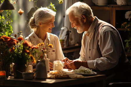 Smiling senior couple have breakfast in the morningの素材