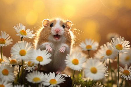 Cute hamster on a flowering meadow with beautiful daisies flowers in the morningの素材