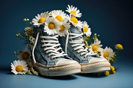 Beautiful shoes with flowers on summer fieldの素材