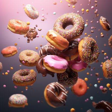 Flying cute donuts with sprinkles on dark background. modern food concept.の素材