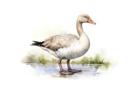 watercolor wild goose in the water with splashes on white backgroundの素材