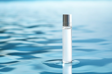 White blank cosmetic bottle tube mock up lies on the blue water surfaceの素材
