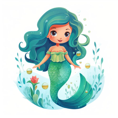 cute cartoon little mermaid on white background. Underwater princess. Flat styleの素材