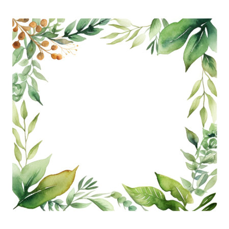 square frame of watercolor green leaves on white background. Beautiful elegant nature wreathの素材