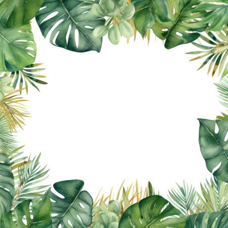 square frame of watercolor tropical green leaves on white background. Beautiful elegant nature wreathの素材