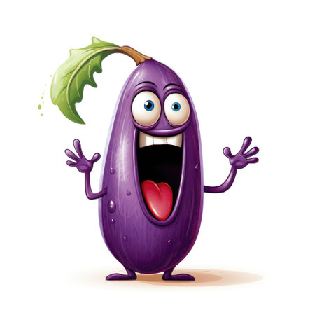 Cute cartoon 3d character eggplant with eyes. Illustration on white backgroundの素材