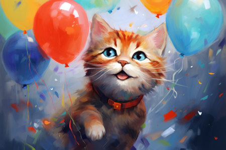 surprised little cat on solid bright background with colorful balloons. happy birthday concept.の素材
