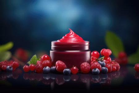 Cosmetic cream blank jar mock up with berries on dark backgroundの素材
