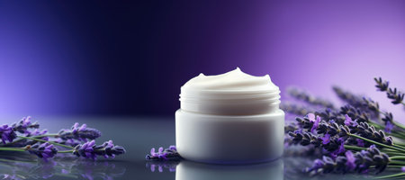 Cosmetic cream blank jar mock up with lavender flowers on light pastel background. Copy spaceの素材