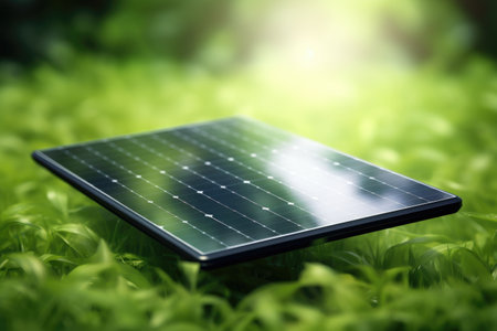 Portable solar panel in forest on nature green background. Eco alternative for green energy.の素材