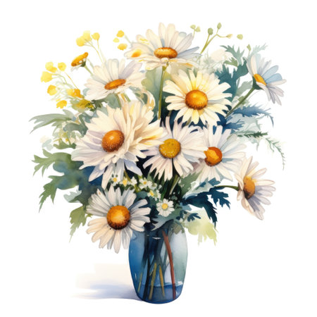 Bouquet of watercolor daisy flowers. Many chamomiles with leaves on white backgroundの素材