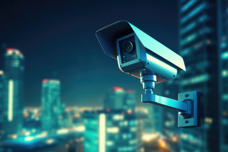 Close up futuristic CCTV security camera in street of smart city. Video controlの素材
