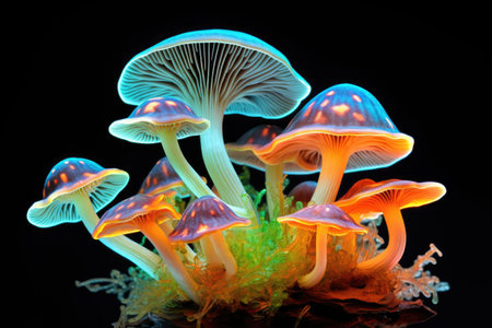 Fungus mycelium in neon colors. Fantasy Mushrooms on dark black backgroundの素材