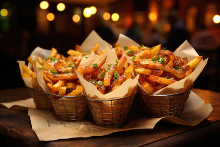 French fries in a paper package box on the street background. Street foodの素材
