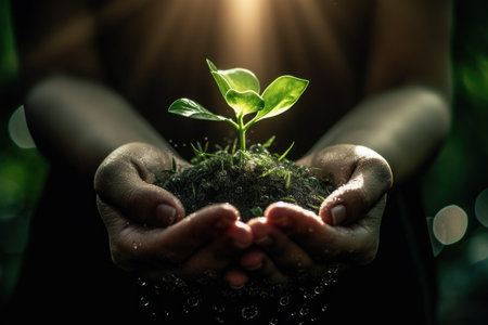 green sprout in fertile land in hands. agriculture concept. Care of the Environment. Ecology concept. Generative AI contentの素材