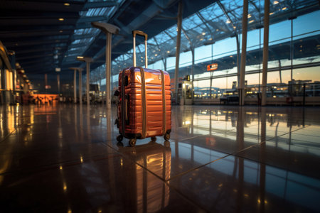 Color Suitcase in empty airport corridor. Travel concept.の素材
