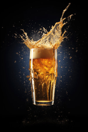 Glass of beer with splash on dark background. Pouring beer.の素材