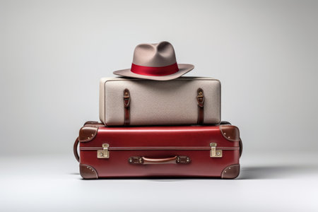 Travel suitcase with hat on white background. Travel conceptの素材