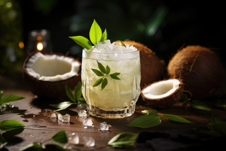 Glass of summer cocktail pina colada with shadows. Generative AI contentの素材