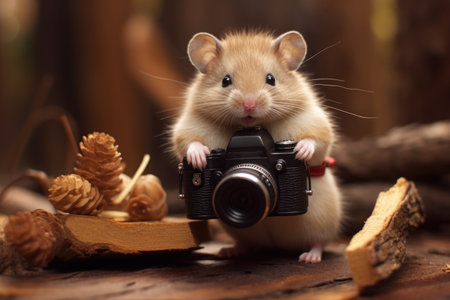 Cute hamster with small retro photo cameraの素材
