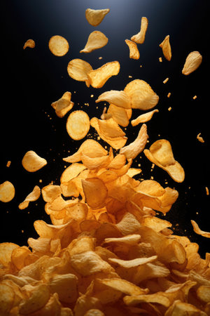 flying potato chips on a dark background with species. Levitation advertising concept.の素材