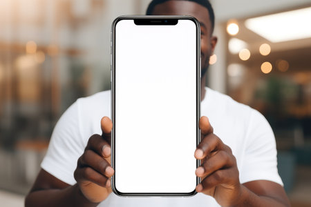 Portrait of african american guy holding big smartphone with white blank mock up screen in his handsの素材