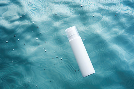 White blank cosmetic bottle tube mock up lies on the blue water surfaceの素材