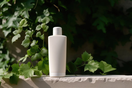 White blank cosmetic bottle tube mock up stay on the gray stone with green leavesの素材