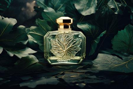 blank bottle of luxury perfume in summer forest with green leaves backgroundの素材