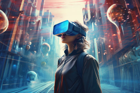 Woman wearing virtual reality glasses. Blue futuristic background. VR and AR technology futuristic conceptの素材