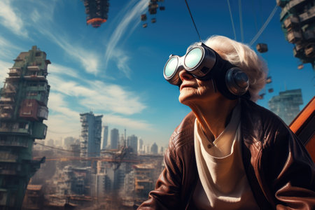 Elderly woman wearing virtual reality glasses. Blue futuristic background. VR and AR technology futuristic conceptの素材