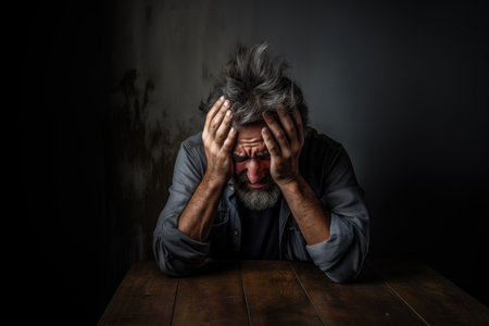 Depressed man crying with head up on hands on dark background. Portraitの素材
