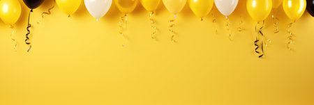 Holiday banner of colorful balloons on yellow background. Festive celebrate backdrop balloonsの素材