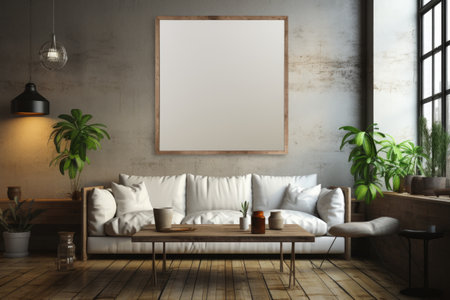 frame with blank poster mockup in room in modern loft style in gray colors with sofa, table, chairs and green plants.の素材