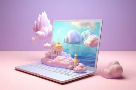 Laptop with clouds background in pink soft pastel color. 3d styleの素材