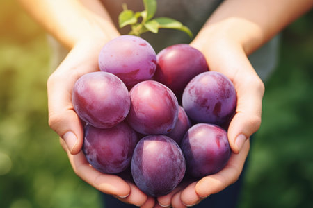 Ripe plums in woman hands on the sunny green garden backgroundの素材